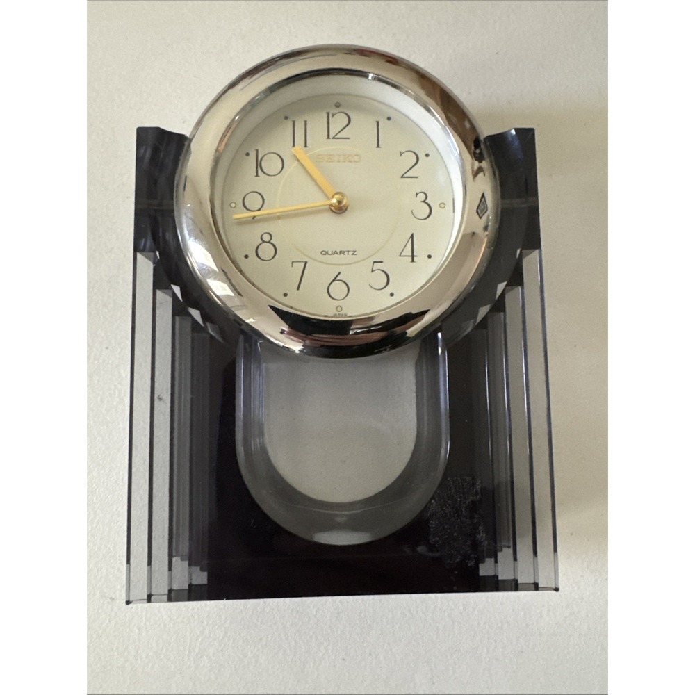 Seiko Quartz Glass Crystal Desk Mantel‎ Clock Chrome Base Japan Works